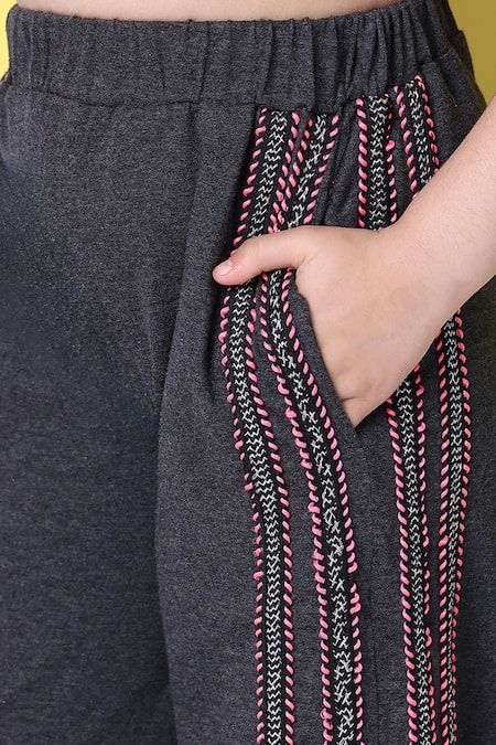 Shop_Petite Pomme_Pink Cotton Blend Top And Melange Grey Joggers _Online_at_Aza_Fashions