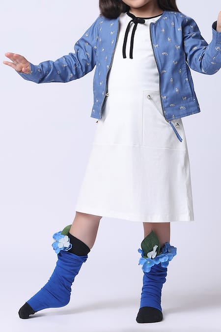 Petite Pomme_Off White Cotton Metallic Thread, Studs And Blue Designer Dress & Jacket Set _Online_at_Aza_Fashions