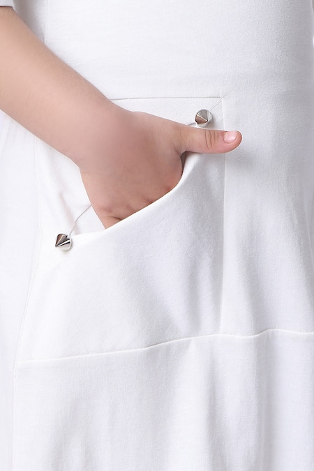 Petite Pomme_Off White Cotton Metallic Thread, Studs And Blue Designer Dress & Jacket Set _at_Aza_Fashions