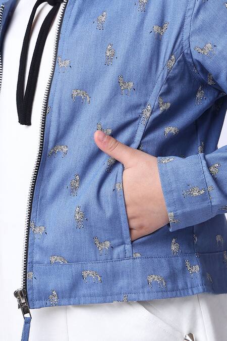 Buy_Petite Pomme_Off White Cotton Metallic Thread, Studs And Blue Designer Dress & Jacket Set 