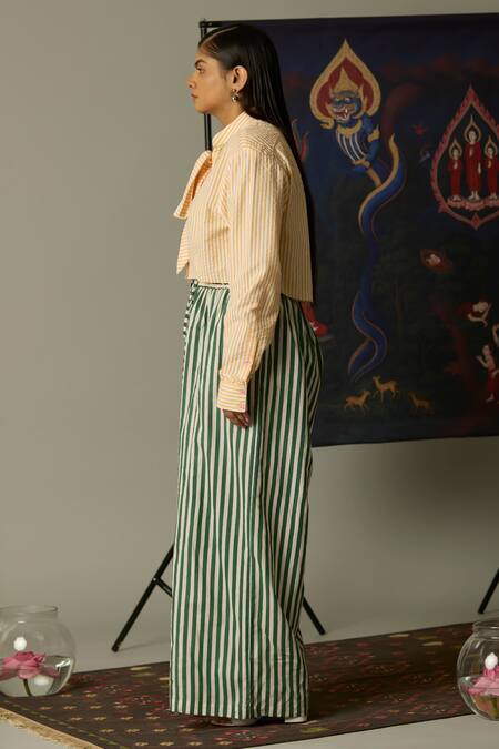 Quod Green Cotton Embroidery Moss Striped Pant Online at Aza Fashions Quod_Green Cotton Embroidery Moss Striped Pant _Online_at_Aza_Fashions