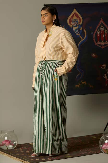 Quod Green Cotton Embroidery Moss Striped Pant