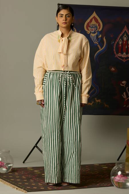 Buy Quod Green Cotton Embroidery Moss Striped Pant Online at Aza Fashions Buy_Quod_Green Cotton Embroidery Moss Striped Pant _Online_at_Aza_Fashions