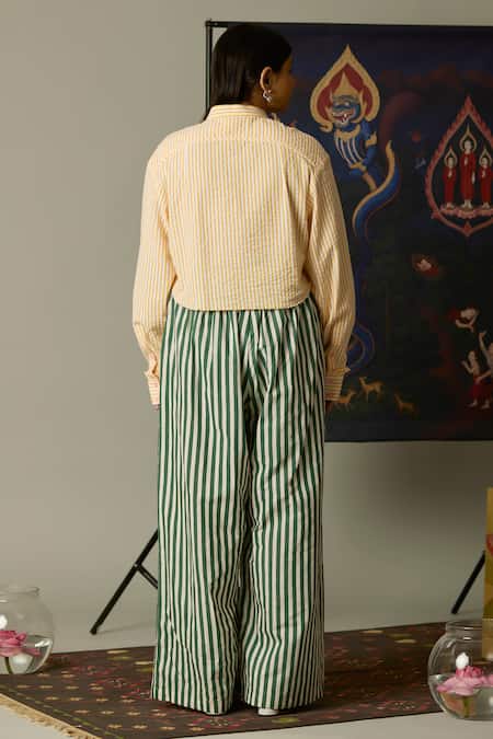 Shop Quod Green Cotton Embroidery Moss Striped Pant at Aza Fashions Shop_Quod_Green Cotton Embroidery Moss Striped Pant _at_Aza_Fashions