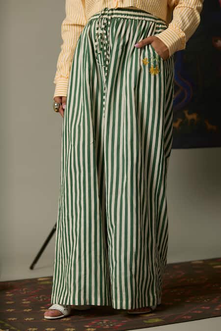 Shop Quod Green Cotton Embroidery Moss Striped Pant Online at Aza Fashions Shop_Quod_Green Cotton Embroidery Moss Striped Pant _Online_at_Aza_Fashions