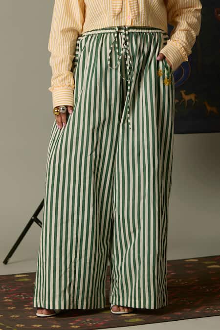 Quod Green Cotton Embroidery Moss Striped Pant at Aza Fashions Quod_Green Cotton Embroidery Moss Striped Pant _at_Aza_Fashions