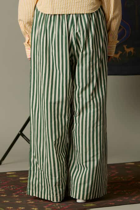 Buy Quod Green Cotton Embroidery Moss Striped Pant Buy_Quod_Green Cotton Embroidery Moss Striped Pant