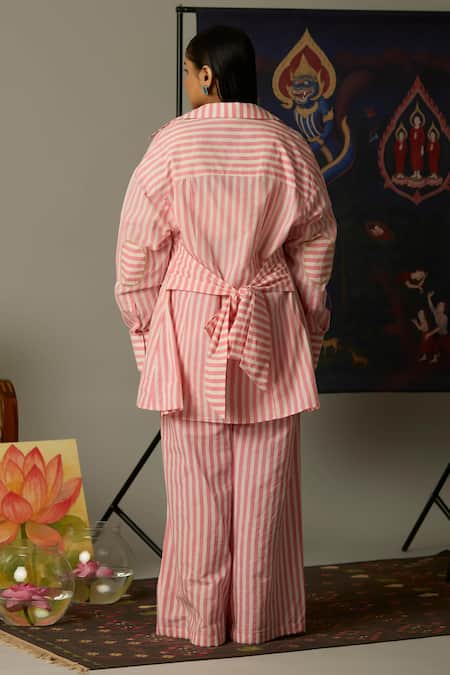 Shop Quod Pink Cotton Embroidery Breeze Striped Pants at Aza Fashions Shop_Quod_Pink Cotton Embroidery Breeze Striped Pants _at_Aza_Fashions