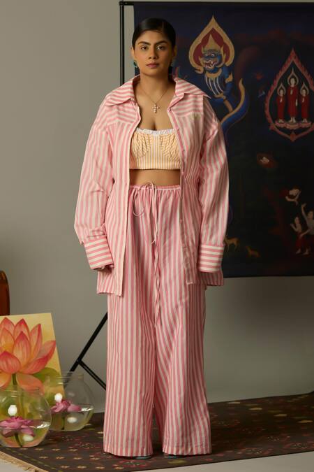 Quod Pink Cotton Embroidery Breeze Striped Pants Online at Aza Fashions Quod_Pink Cotton Embroidery Breeze Striped Pants _Online_at_Aza_Fashions