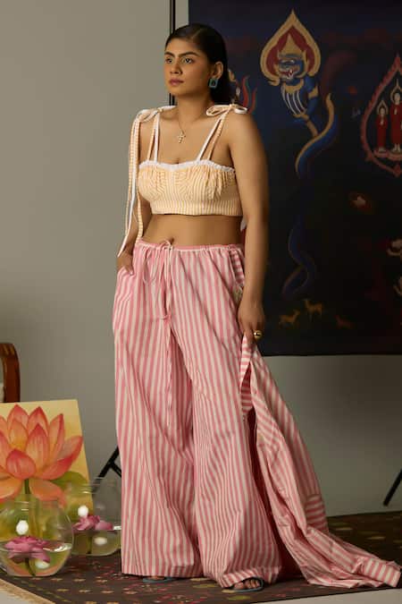 Buy Quod Pink Cotton Embroidery Breeze Striped Pants Online at Aza Fashions Buy_Quod_Pink Cotton Embroidery Breeze Striped Pants _Online_at_Aza_Fashions