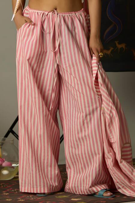 Shop Quod Pink Cotton Embroidery Breeze Striped Pants Online at Aza Fashions Shop_Quod_Pink Cotton Embroidery Breeze Striped Pants _Online_at_Aza_Fashions