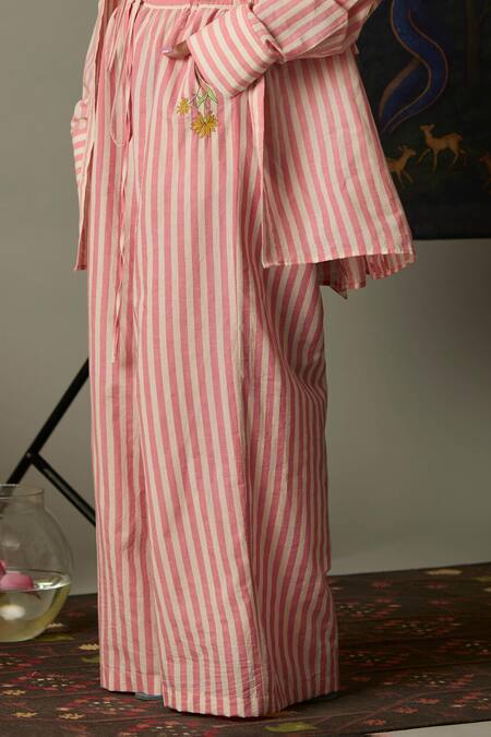 Quod Pink Cotton Embroidery Breeze Striped Pants at Aza Fashions Quod_Pink Cotton Embroidery Breeze Striped Pants _at_Aza_Fashions