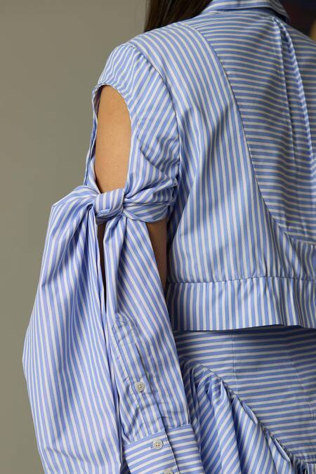 Buy Quod Blue Cotton Collared Cropped Tie-up Sleeves Shirt Buy_Quod_Blue Cotton Collared Cropped Tie-up Sleeves Shirt