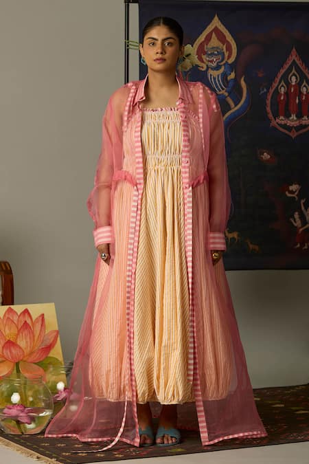 Quod Pink Silk Organza Embroidery Round Neck Overlay