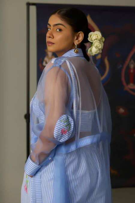 Quod_Blue Silk Organza Embroidery Kelps Aqua Overlay_Online_at_Aza_Fashions