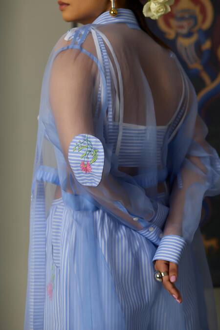 Buy_Quod_Blue Silk Organza Embroidery Kelps Aqua Overlay_Online_at_Aza_Fashions