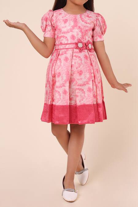 Petite Pomme_Pink Cotton Fabric Flowers Printed Dress_Online_at_Aza_Fashions