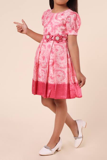 Buy_Petite Pomme_Pink Cotton Fabric Flowers Printed Dress_Online_at_Aza_Fashions