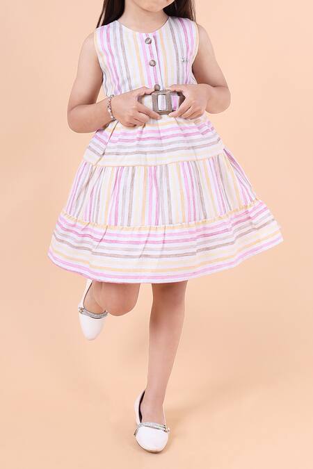 Petite Pomme_Multi Color Linen Pink Stripe Printed Dress_Online_at_Aza_Fashions