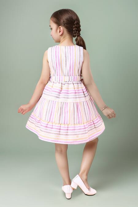 Shop Petite Pomme Multi Color Linen Pink Stripe Printed Dress at Aza Fashions Shop_Petite Pomme_Multi Color Linen Pink Stripe Printed Dress_at_Aza_Fashions