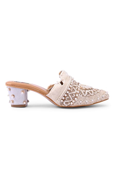 Doriaana White Beads, Embroidery Embellished Designer Mules Online at Aza Fashions Doriaana_White Beads, Embroidery Embellished Designer Mules _Online_at_Aza_Fashions