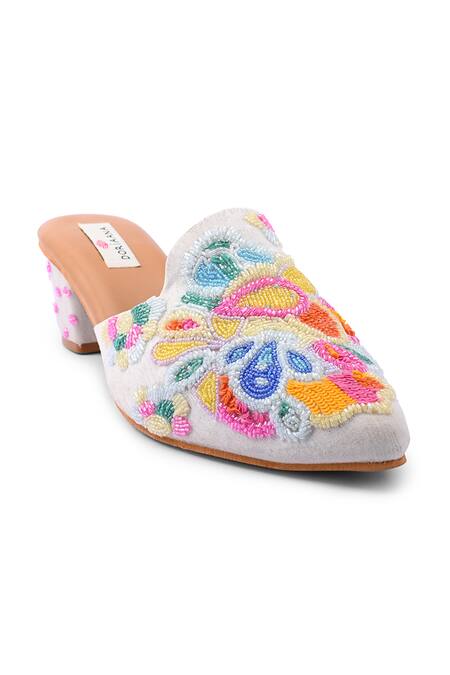 Buy_Doriaana_White Embroidery Designer Heels _Online_at_Aza_Fashions