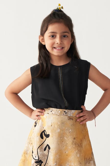 Buy_Three_Black Crepe Embroidery Top And Painter Print Mustard Skirt Set _Online_at_Aza_Fashions