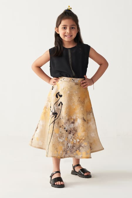 Shop_Three_Black Crepe Embroidery Top And Painter Print Mustard Skirt Set _Online_at_Aza_Fashions