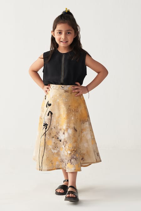Three Black Top & Painter Print Mustard Skirt Set 