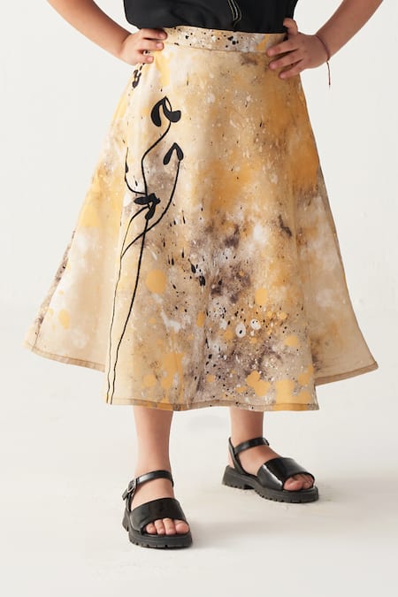 Three_Black Crepe Embroidery Top And Painter Print Mustard Skirt Set _at_Aza_Fashions