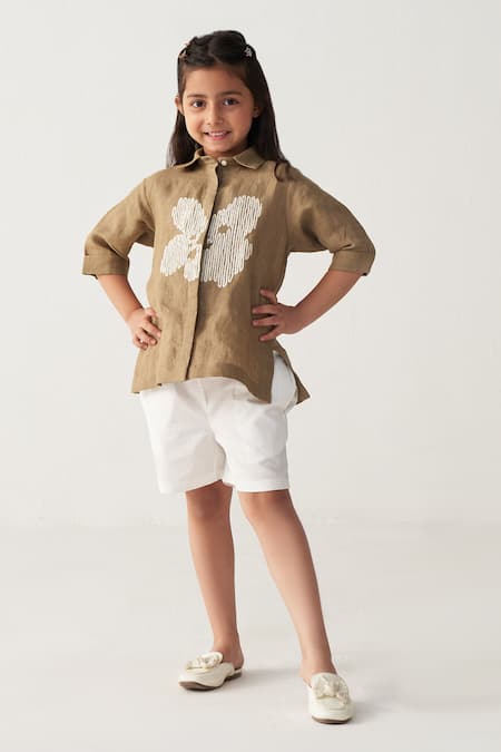 Three Beige Linen Embroidery Floral Shirt 