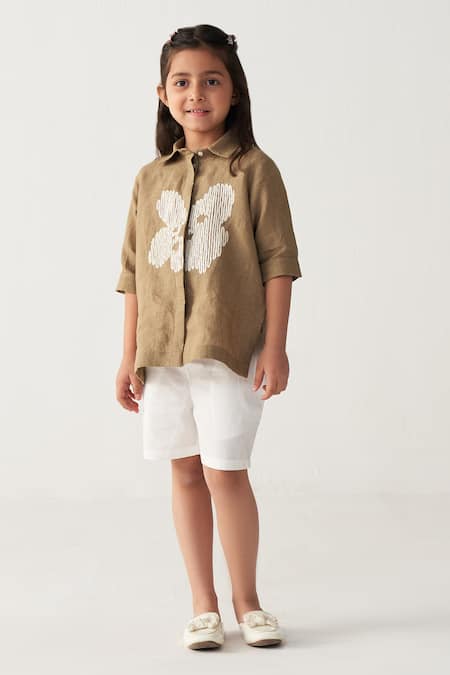 Buy_Three_Beige Linen Embroidery Floral Shirt _Online_at_Aza_Fashions