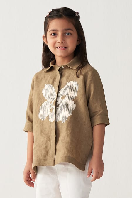 Three_Beige Linen Embroidery Floral Shirt _at_Aza_Fashions