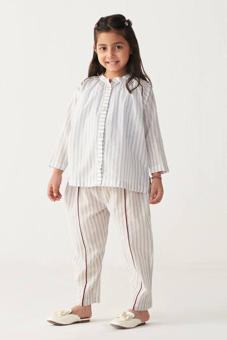 Three_White Striped Gather Neck Shirt_Online_at_Aza_Fashions