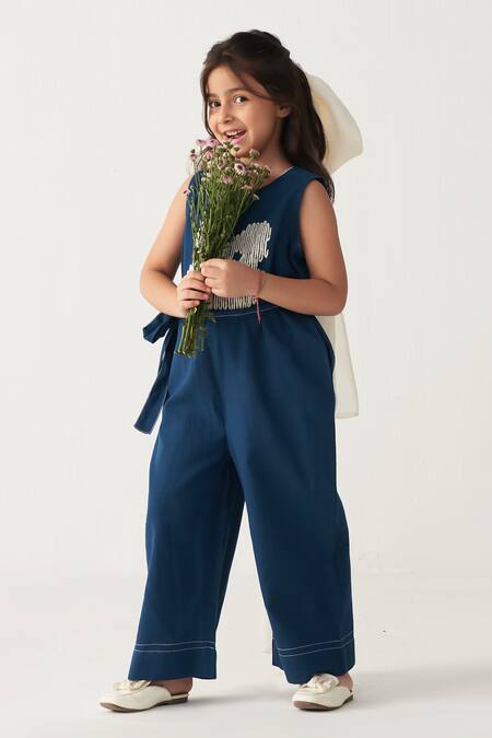 Three_Blue Cotton Embroidery Floral Indigo Jumpsuit _Online_at_Aza_Fashions
