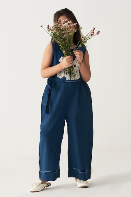 Three Floral Embroidered Indigo Blue Jumpsuit 