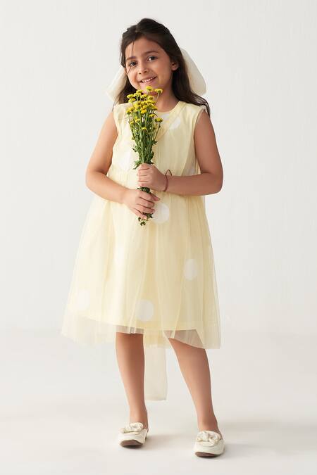 Three_Lavender Poplin, Net Lemon Yellow Polka Dot Dress Set _Online_at_Aza_Fashions