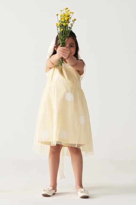 Buy_Three_Lavender Poplin, Net Lemon Yellow Polka Dot Dress Set _Online_at_Aza_Fashions