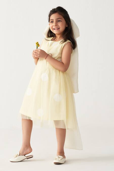 Shop_Three_Lavender Poplin, Net Lemon Yellow Polka Dot Dress Set _Online_at_Aza_Fashions