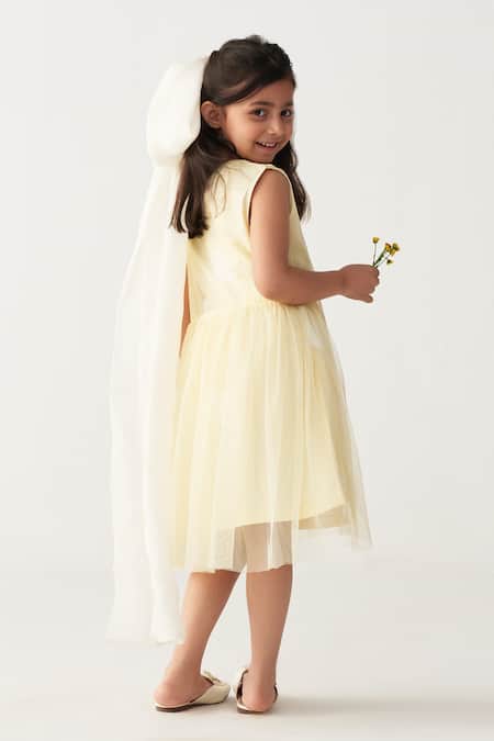 Three_Lavender Poplin, Net Lemon Yellow Polka Dot Dress Set _at_Aza_Fashions