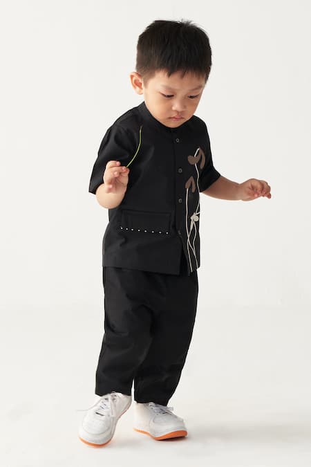 Three Black Poppy Applique Shirt & Pant Set 