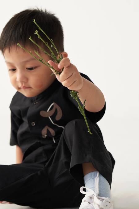 Shop Three Black Poplin Applique Poppy Shirt And Pant Set Online at Aza Fashions Shop_Three_Black Poplin Applique Poppy Shirt And Pant Set _Online_at_Aza_Fashions