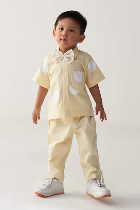 Three Yellow Poplin Lemon Polka Shirt And Pant Set 