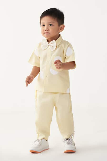 Three_Yellow Poplin Lemon Polka Shirt And Pant Set _Online_at_Aza_Fashions