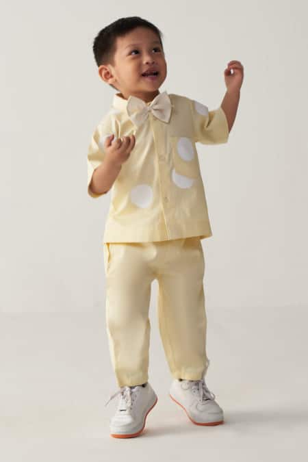 Buy_Three_Yellow Poplin Lemon Polka Shirt And Pant Set _Online_at_Aza_Fashions