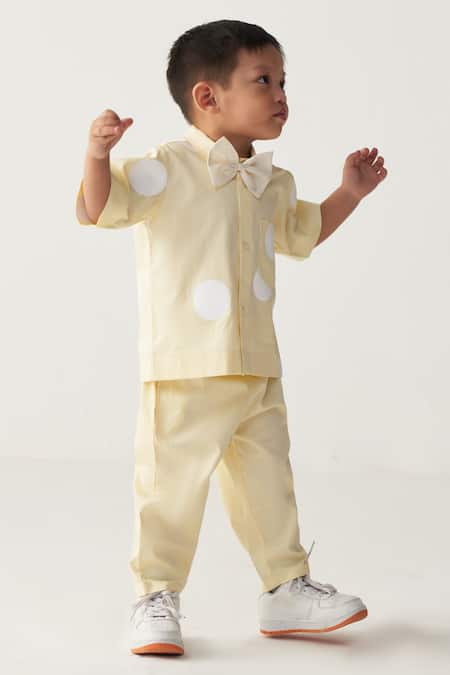 Three_Yellow Poplin Lemon Polka Shirt And Pant Set _at_Aza_Fashions