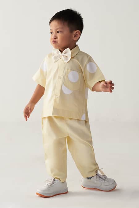 Buy_Three_Yellow Poplin Lemon Polka Shirt And Pant Set 