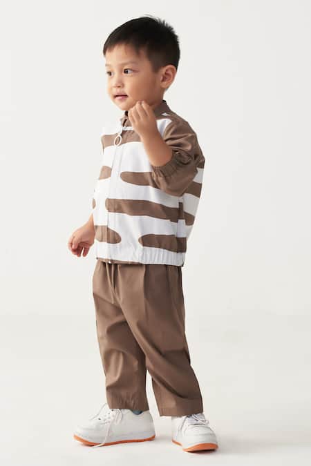 Buy_Three_Brown Poplin Abstract Bomber Jacket And Pant Set _Online_at_Aza_Fashions