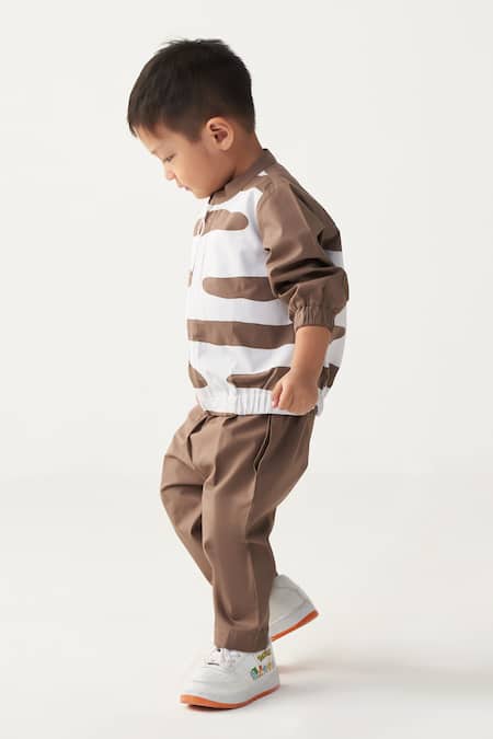 Shop_Three_Brown Poplin Abstract Bomber Jacket And Pant Set _Online_at_Aza_Fashions