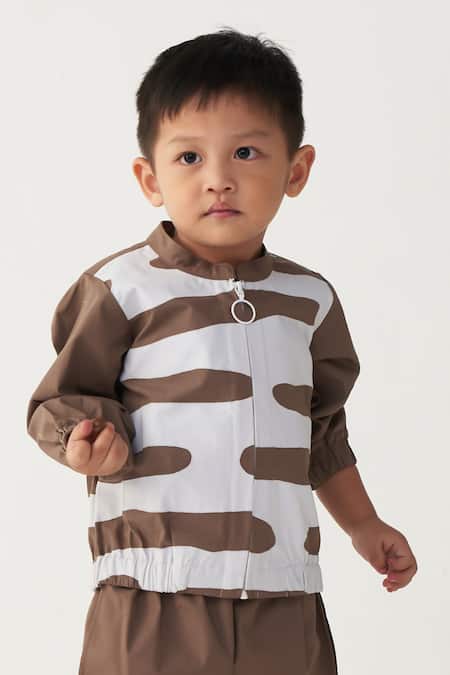 Three_Brown Poplin Abstract Bomber Jacket And Pant Set _at_Aza_Fashions